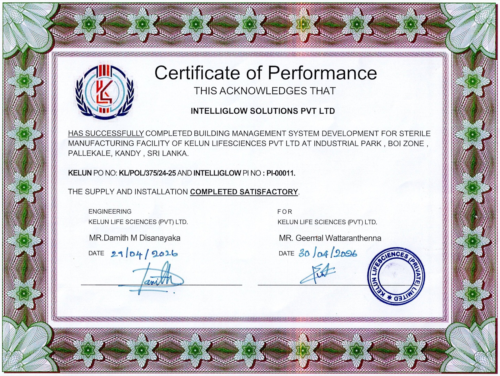 Certificate of Performance from Kelun Life Sciences confirming satisfactory BMS development, supply and installation by Intelliglow Solutions